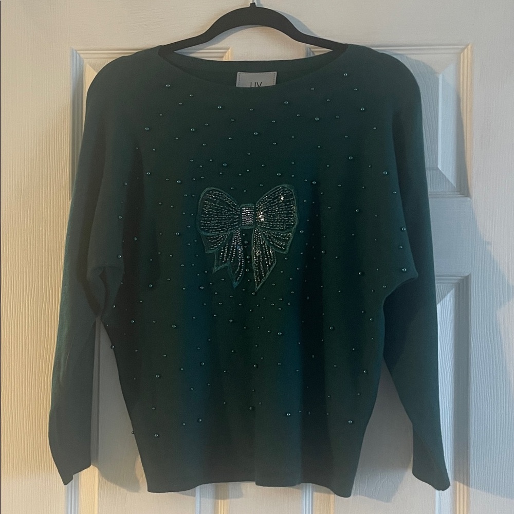LIV Milano Dark Green Sweater with Embellished Bow and Pearls